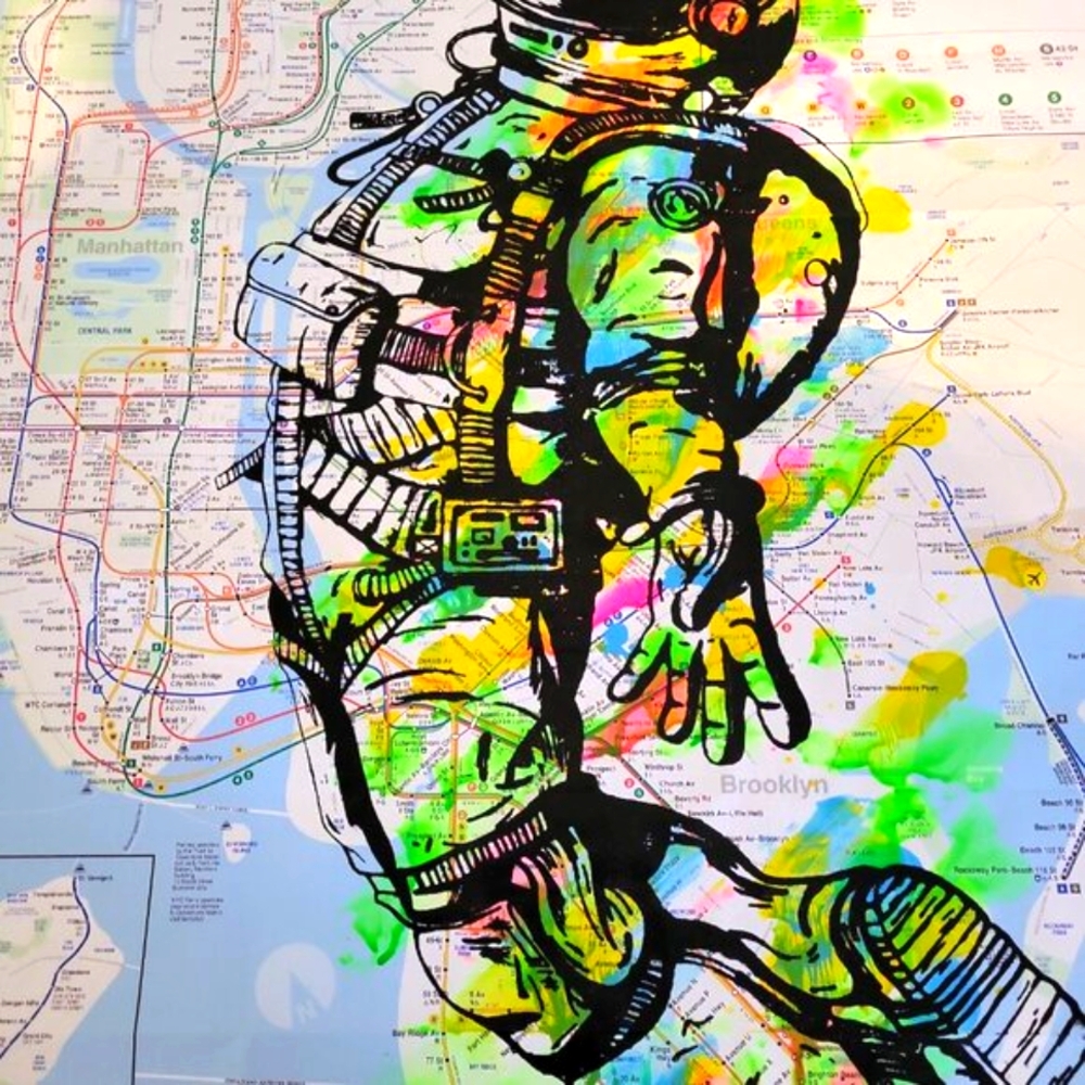 Handpainted Astronaut Acrylic Graffiti Art Spaceman artwork on a NYC Subway Map - Picture 4 of 9